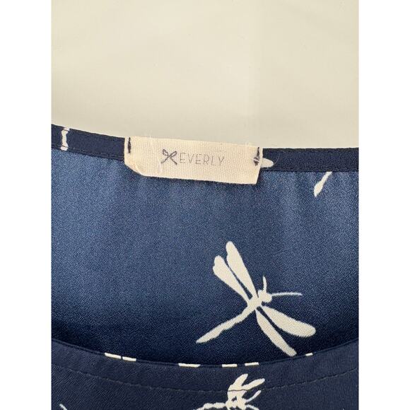 2/$30 EVERLY Top Size S Navy Blue Dragonfly Blouse 3/4 Sleeve Relaxed Fit - Picture 4 of 6
